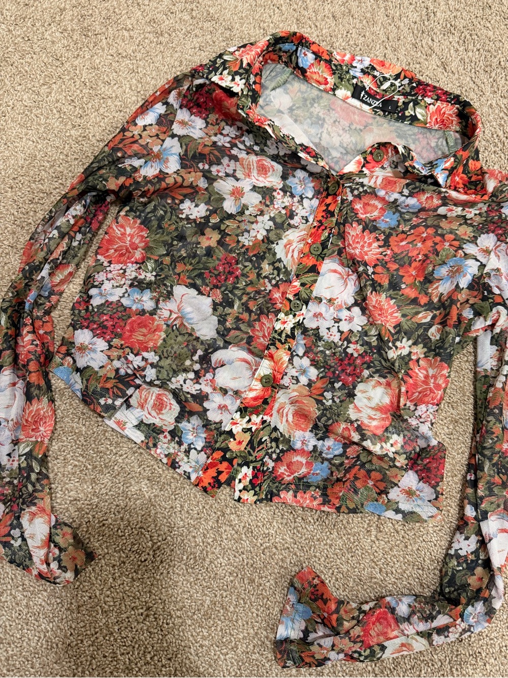 Zanzea Floral Sheer Button-Down Shirt in Black and Coral - Picture 1 of 3